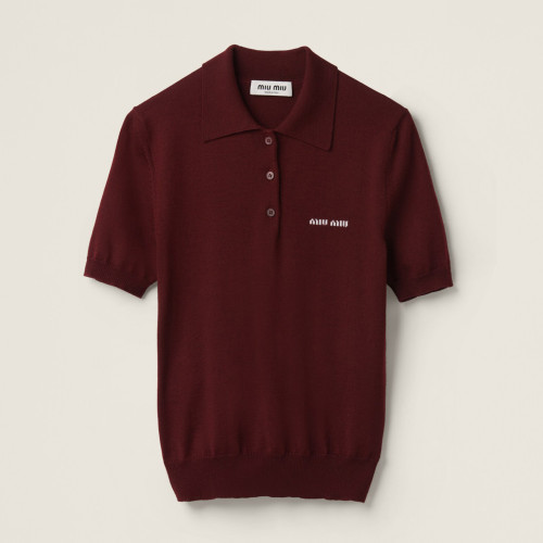 NIGO MiuMiu Women's Summer Crimson Letter Logo Wool Knit Short Sleeve Polo Shirt T-Shirt #nigo99245