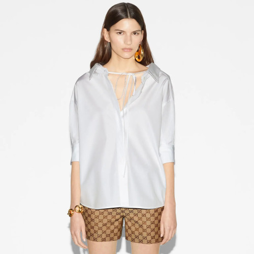 NIGO Gucci Women's Summer White Loose Tie Seven Sleeve Shirt Canvas Mid Waist Letter Printed Shorts Pants Set Suit #nigo99279