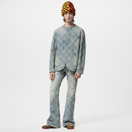 NIGO Louis Vuitton Men's Spring And Fall Fashion Plaid Denim Suit Gradient Wash Vintage Round Neck Jacket Casual Flared Pants Set #nigo99297