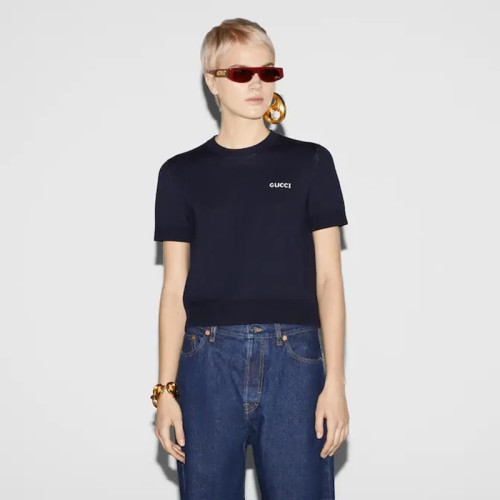 NIGO Gucci  Women's Spring And Summer Letters Logo Appliquéd Wool Top Dark Blue Premium Temperament Knit Short Sleeve Round Neck T-shirt  #nigo99426