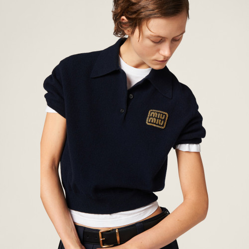 NIGO MiuMiu Women's Summer Navy Blue Letter Logo Short Sleeve Polo Neck T-Shirt #nigo99511