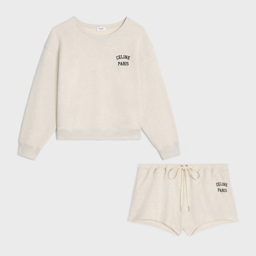 NIGO Celine Women's Spring and Autumn Beige Letter Logo Printed Round Neck Sweatshirt Drawstring Tie Shorts Set Suit #nigo99564
