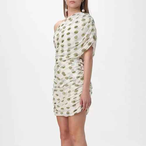 NIGO Saint Laurent Women's Summer Fashion One Shoulder Polka Dot Printed Pleated Fitted Casual Dress #nigo71237