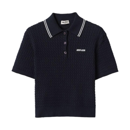 NIGO MiuMiu Women's Navy Blue Letter Logo Embroidery Knit Lapel Short Sleeve Polo Shirt T-Shirt #nigo99647