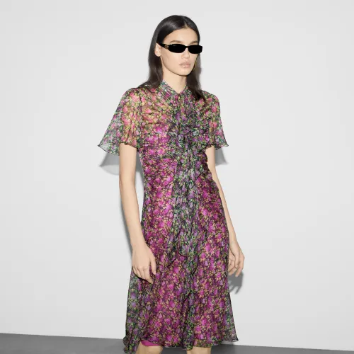 NIGO Gucci Women's Summer Floral Printed Mid-Length Zipper Short Sleeve Fitted Silk Evening Dress Ngvp #nigo8362