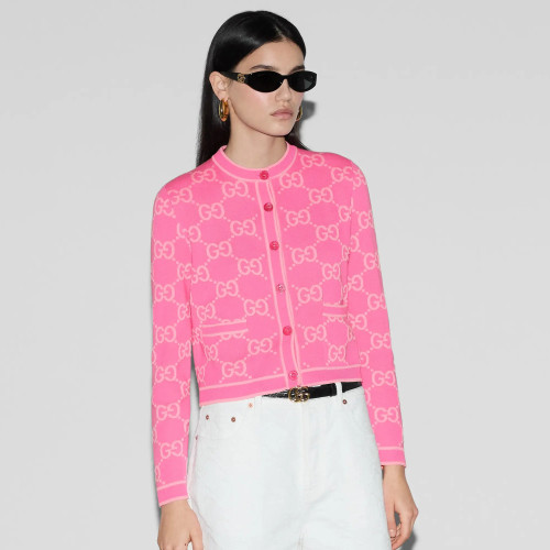 NIGO Gucci Women's Spring and Autumn Pink Logo Pattern Round Collar Single Breasted Long Sleeve Knit Jacket Cardigan #nigo99698