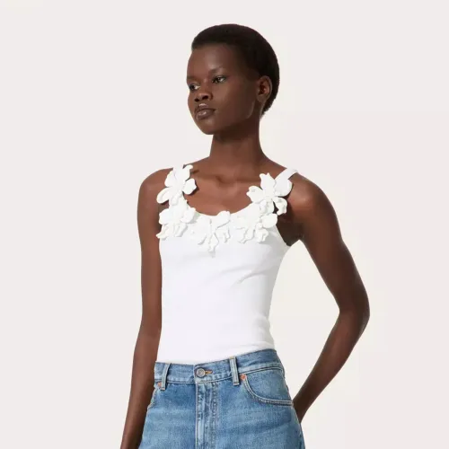 NIGO Valentino Women's Summer Embroidered Cotton Knit Casual Sleeveless Fit Straight White Top Ngvp #nigo8371