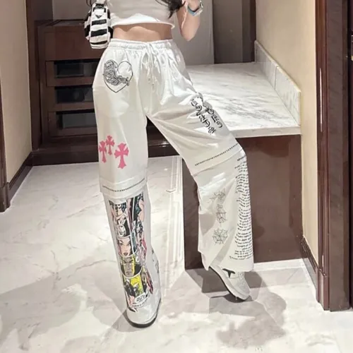 NIGO Chrome Hearts Women's Summer Graffiti Print Lightweight Breathable Straight Leg Pants #nigo99718