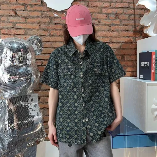 NIGO Chrome Hearts Men's Summer Washed and Aged Sanskrit Jacquard Pattern Denim Short Sleeve Shirt Jacket #nigo99739