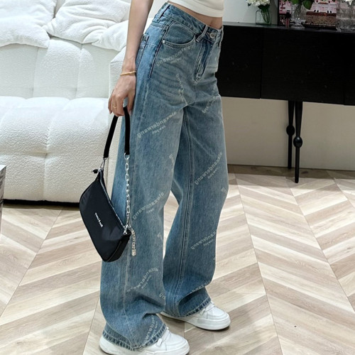 NIGO Alexander Wang Women's Four Seasons Logo Fashion Trend Water Wash Gradient Retro Straight Leg Wide Leg Denim Pants Loose Casual Jeans #nigo71269