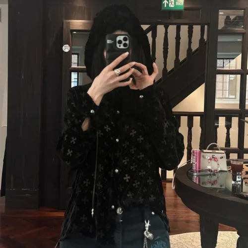 NIGO Chrome Hearts Women's Summer Fashion Hollow Cross Black Velvet Single Breasted Long Sleeved Shirt #nigo99825