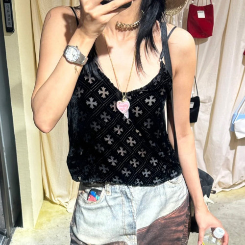 NIGO Chrome Hearts Women's Summer Sexy V-Neck Hollow Cross Camisole Black Velvet Sleeveless Vest T-Shirt #nigo99822