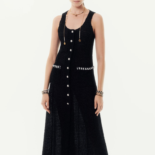 NIGO Chanel Women's Summer Round Neck Single Breasted Medium Length Cotton Sling Sleeveless Slit Black Dress Ngvp #nigo8495