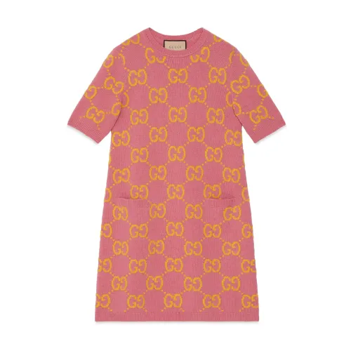 NIGO Gucci Women's Spring Summer Pink Logo Printed Round Neck Wool Short Sleeve Dress #nigo99833