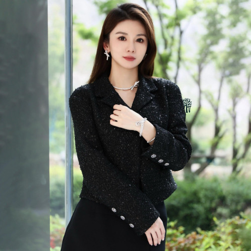 NIGO Chanel Women's Autumn and Winter Black Tweed Silhouette Short Button Long Sleeve Jacket #nigo99892