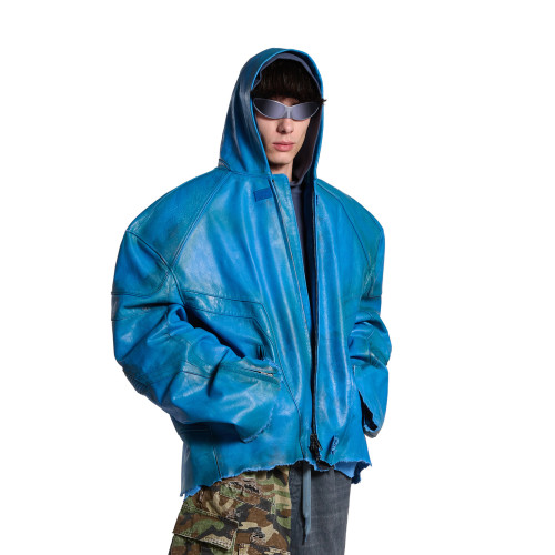 NIGO Balenciaga Men's Spring And Fall Fashion Zipper Blue Cowhide Hooded Long Sleeve Loose Biker Jacket Ngvp #nigo8581