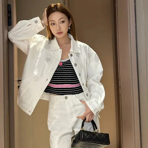 NIGO Chanel Women's Spring And Autumn Solid Color Hollow Floral Embroidery Lapel Cotton Single Breasted Long Sleeve Fitted Denim Jacket Coat #nigo99953