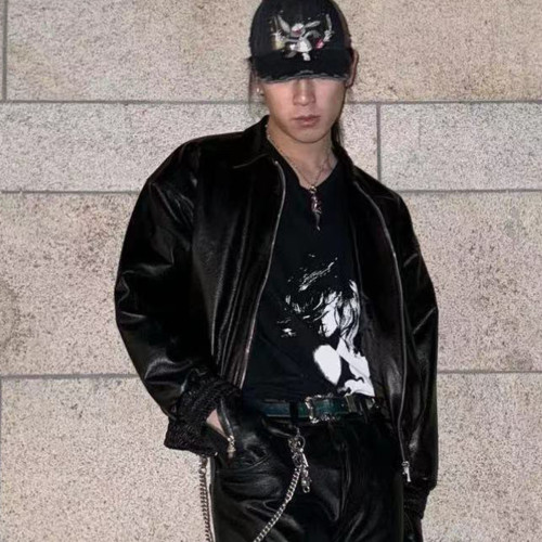 NIGO Enfants Riches Deprimes  Men's Fall And Winter Fashion High Street Embroidery Zipper Leather Jacket Lapel Casual Temperament Jacket  #nigo71311