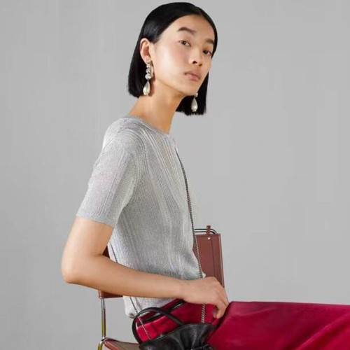 NIGO Gucci  Women's Spring And Summer Silver Silk Knit Round Neck Short Sleeve Top Fashion Casual Thin T-shirt #nigo72136