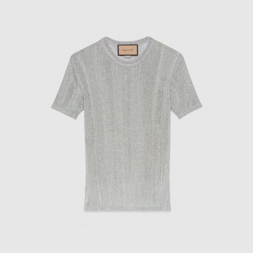 NIGO Gucci  Women's Spring And Summer Silver Silk Knit Round Neck Short Sleeve Top Fashion Casual Thin T-shirt #nigo72136