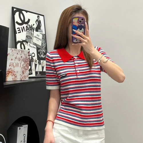 NIGO MiuMiu  Women's Spring/summer Red Stripe Logo Polo Knitwear Short Sleeved Top T-shirt #nigo72197
