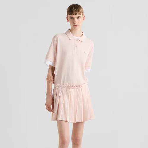 NIGO Prada Women's Summer Lapel Fake Two Piqué Knit Pink Short Sleeve Polo Shirt Casual Elastic Drawstring Pleated Mini Skirt Ngvp #nigo8668