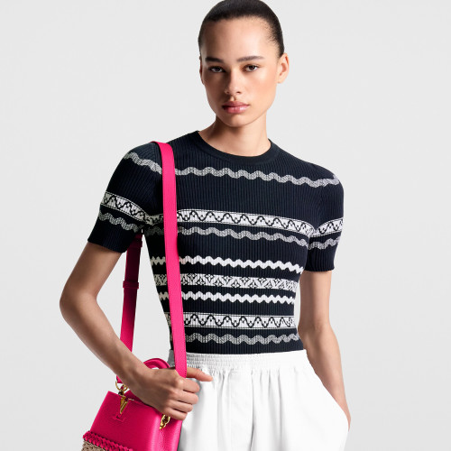 NIGO Louis Vuitton Women's Summer Blue Striped Printed Short Sleeve Knit Sweater Top #nigo72274