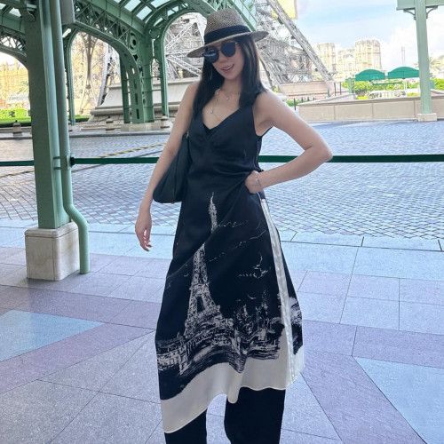 NIGO Dior Women's Summer Paris Pattern Silk A-line Midi Dress Sling Sleeveless Fashion V-neck Dresses Ngvp #nigo8727