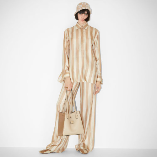NIGO Fendi Women's Spring Summer Autumn Beige Pequin Stripe Pattern Silk Shirt Colorblocking Short Short Sleeve Shirt Elastic Waist Straight Casual Loose Pants Ngvp #nigo8732