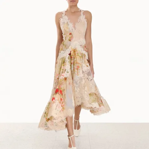 NIGO Zimmermann  Women's Spring And Summer Flowers Lace Splicing Linen Halter Dress Luxury Hollowed Out Large Hem Dresses #nigo71355