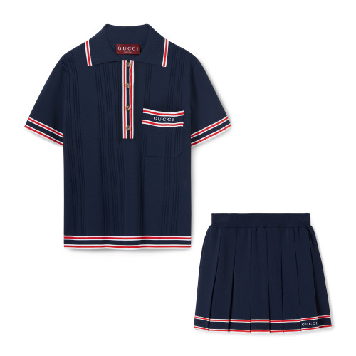 NIGO Gucci Women's Summer Colorblock Logo Printed Stripe Trim Knit Short Sleeve Polo Shirt Pleated Short Skirt Set Suit #nigo72464