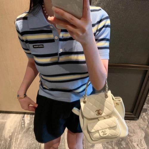 NIGO MiuMiu Women's Summer Two Color Striped Letter Knit Lapel Polo Shirt Short Sleeve T-Shirt #nigo72626