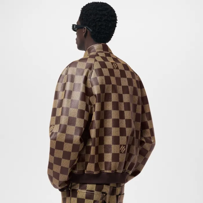 NIGO Louis Vuitton Men's Fall And Winter Brown Checkerboard Pattern Collar Zipper Cowhide Long Sleeved Jacket #nigo72772