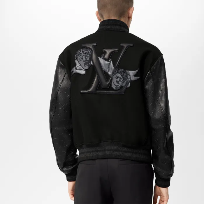 NIGO Louis Vuitton Men's Fall/winter Monogram Embossed Leather Drawstring Jacket Black Abstract Graffiti Logo Jacket Baseball Jersey  #nigo71424