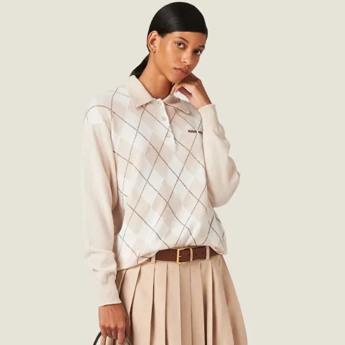NIGO MiuMiu Women's Spring & Autumn Striped Logo Applique Long Sleeve Polo Neck Knit Sweater Top #nigo72791