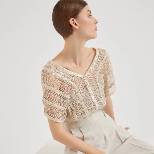 NIGO Brunello Cucinelli Women's Spring And Summer Shining Stripes Decoration Mesh Hole Embroidery T-shirt Half-body Skirt Set Fashion Casual Temperament Suit Set Ngvp #nigo9129