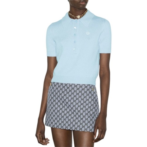 NIGO Gucci  Women's Spring And Summer Blue Short-sleeved T-shirt Double G Logo Knitted Polo Shirt Buttons Fashion Casual Tops #nigo71481