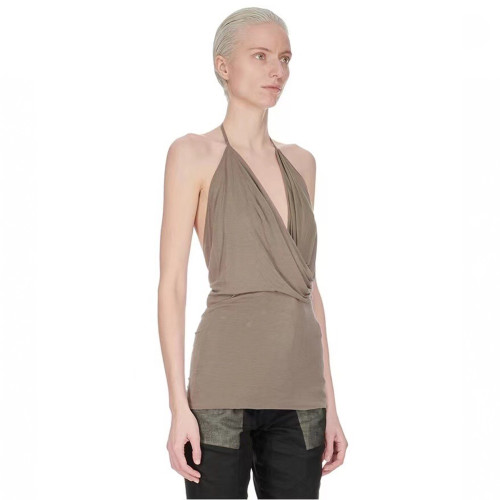 NIGO Rick Owens Women's Spring And Summer V-neck Halter Ruched Undershirt Top Solid Color Fashion Versatile Backless Tops Ngvp #nigo9143