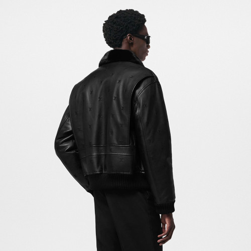 NIGO Louis Vuitton Men's Fall/winter Pilot Drawstring Jacket Solid Color Logo Jacquard Hair Collar Colorblocking Leather Jacket #nigo71553