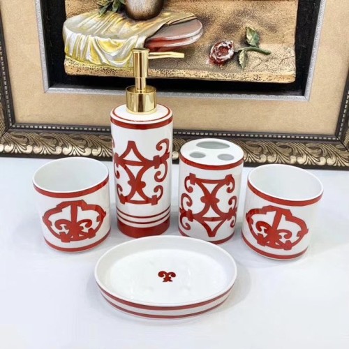 NIGO Hermes Red Iron Window Series Lotion Bottle Soap Box Toothbrush Box Mouthwash Cup Bone China Bathroom Five Sets Of Accessories #nigo71549