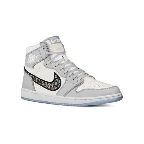 NIGO DIOR x Jordan Air Jordan 1 High Og Leather Sneakers Men's and Women's Celebrity Same Shock Absorption Anti-skid Wear-resistant High-top Retro Basketball Shoes White Gray #nigo71566