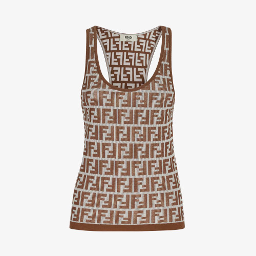 NIGO Fendi Women's Summer Brown FF Print Cotton Knit Top Fitted Sleeveless Vest #nigo72933