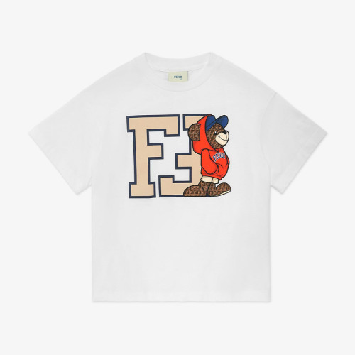 NIGO Fendi Kid's Summer Double G Teddy Bear Print Cotton White Round Neck Short Sleeve T-Shirt #nigo31343