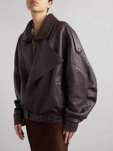 NIGO SAINT LAURENT Women's Spring, Autumn And Winter Retro Solid Color Lapel Zipper Long Sleeve Sheepskin Genuine Leather Motorcycle Jacket Ngvp #nigo9288