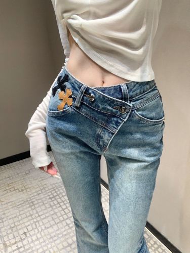 NIGO Chrome Hearts Women's Spring And Fall Blue High-waisted Thin Slim Stretch Flare Jeans Pants #nigo73217