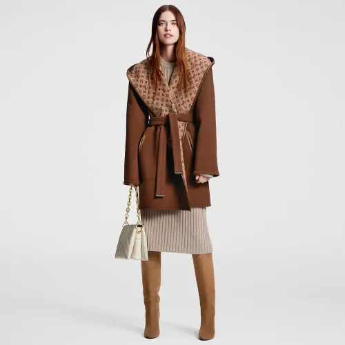NIGO Louis Vuitton Women's Fall/Winter Brown Logo Letter Printed Reversible Wool Hooded Wrap Long Sleeve Coat Jacket #nigo73338