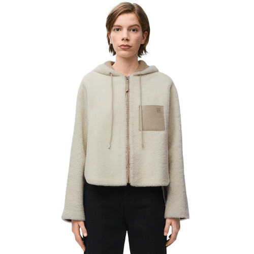 NIGO Loewe Women's Autumn and Winter Wool Patchwork Leather Hooded Zipper Long Sleeve Jacket #nigo73446