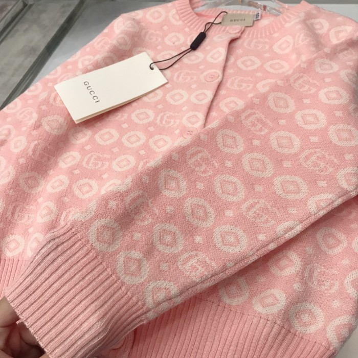 NIGO Gucci Kid's Spring, Fall And Winter Double G Jacquard Cotton Round Neck Long-Sleeved Casual Pink Knitted Cardigan #nigo31347