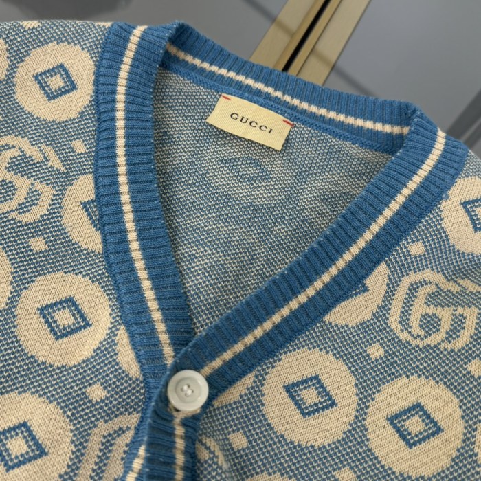 NIGO Gucci Kid's Spring And Autumn Blue Double G Printed V-Neck Long Sleeve Cotton Single Breasted Cardigan #nigo31354