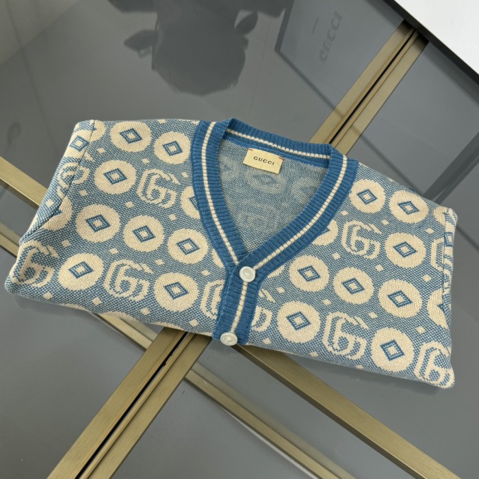 NIGO Gucci Kid's Spring And Autumn Blue Double G Printed V-Neck Long Sleeve Cotton Single Breasted Cardigan #nigo31354